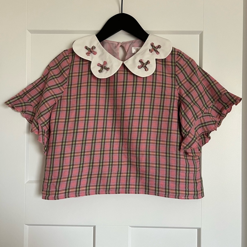 Bobon21 Jnorii Frilly Sleeve Cropped Gingham Top | Size Large